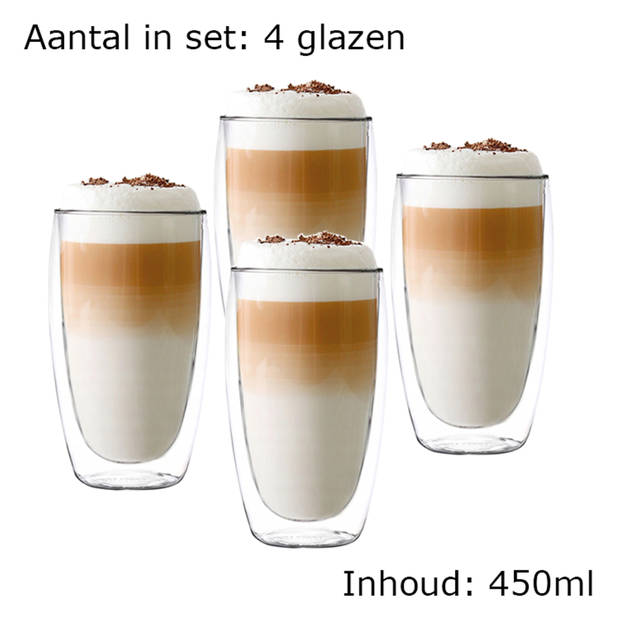 Luxe Latte Macchiato Glazen Dubbelwandig - Koffieglazen - Cappuccino Glazen - Theeglas Dubbelwandig - 450 ML - Set Van 4