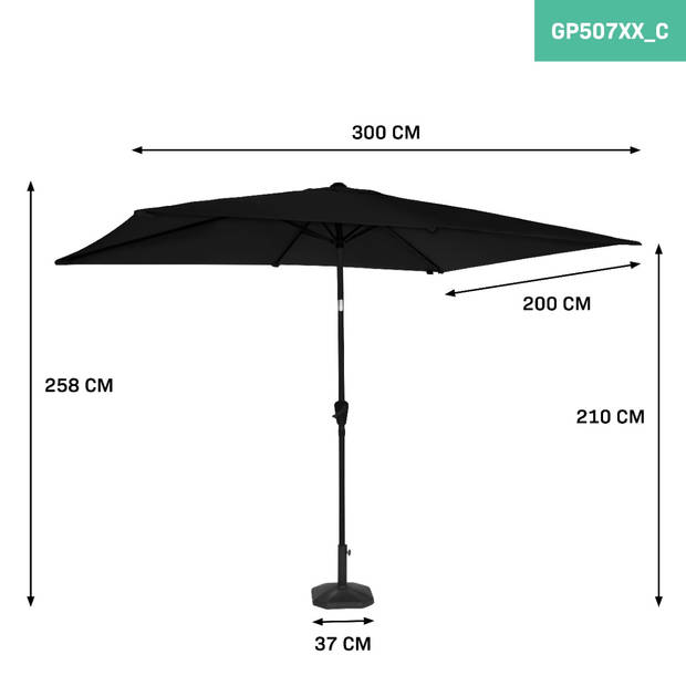 VONROC Premium Parasol Rapallo 200x300cm – Antraciet/Zwart – Incl. parasolvoet en beschermhoes