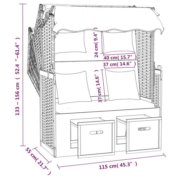 The Living Store Loungestoel Comfort+ - Grijs - Houten frame - Poly rattan - Luifel - Uitschuifbare voetensteun -