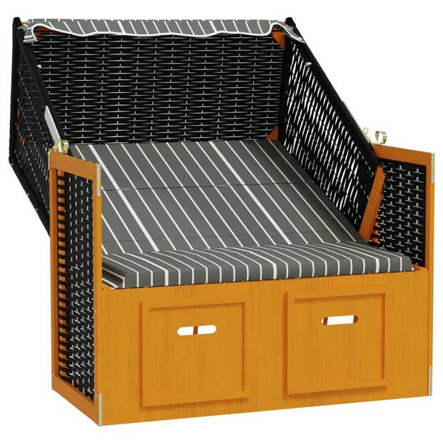 vidaXL Strandstoel met luifel poly rattan en hout zwart en grijs