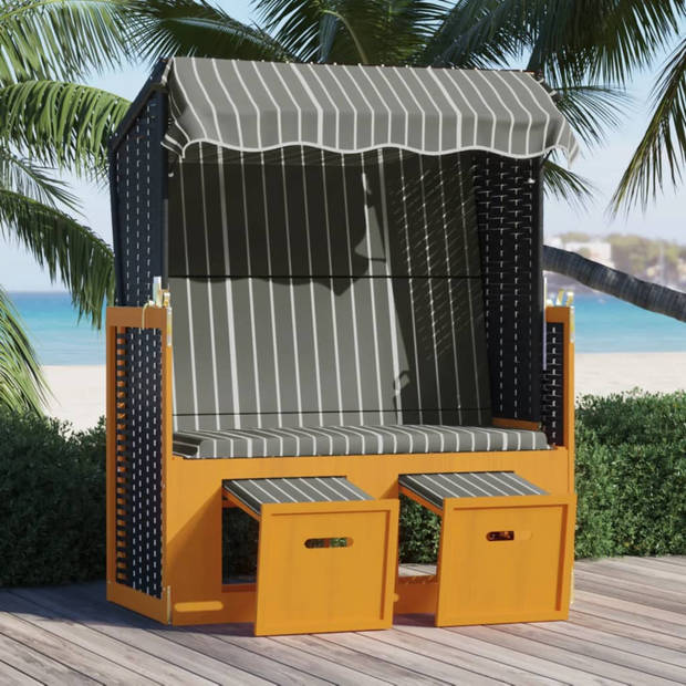 vidaXL Strandstoel met luifel poly rattan en hout zwart en grijs