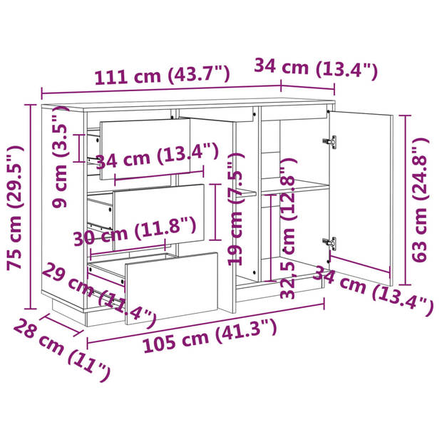 vidaXL Dressoir 111x34x75 cm massief grenenhout wit