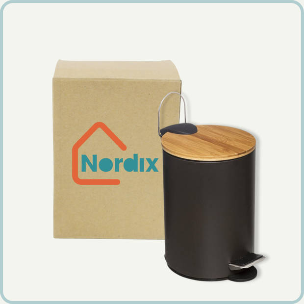 Nordix Pedaalemmer - Prullenbak - Zwart - 3 Liter - Bamboe en metaal