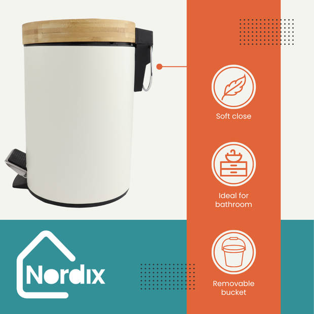 NORDIX Pedaalemmer - Prullenbak - Wit - 3 Liter - Bamboe