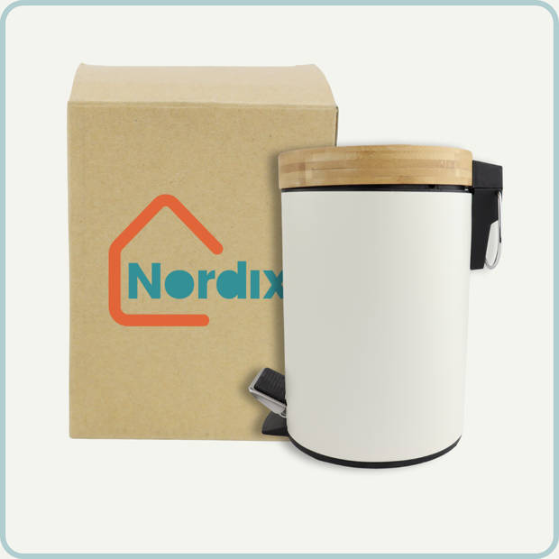 NORDIX Pedaalemmer - Prullenbak - Wit - 3 Liter - Bamboe