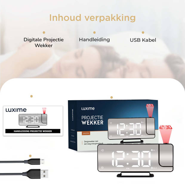 Luxime® - Digitale Wekker Met Projectie - Slaapkamer - Projectieklok Plafond - Projectiewekker - Zwart