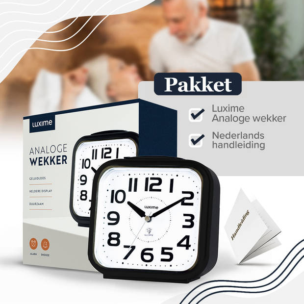 Luxime® - Wekker Analoog Zonder Tikgeluid - Analoge Wekker - Senioren - Met Alarm - Zwart