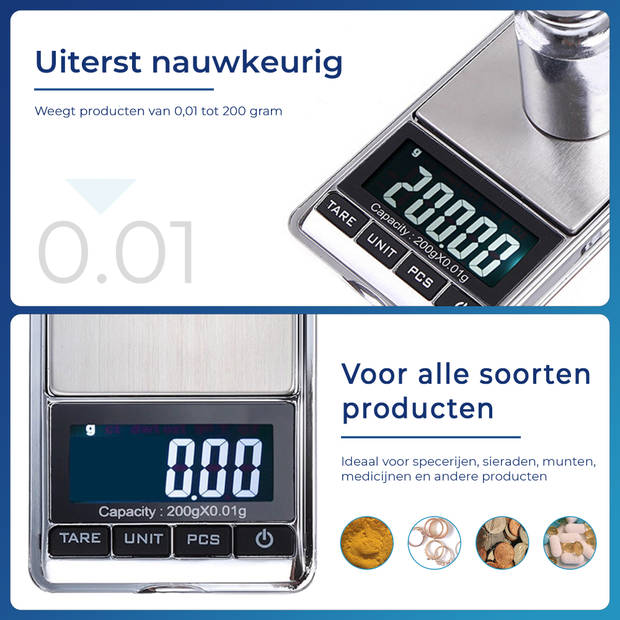 Precisie Weegschaal Keuken Digitaal - Keukenweegschaal - 0,01 tot 200 Gram - Incl. batterij!