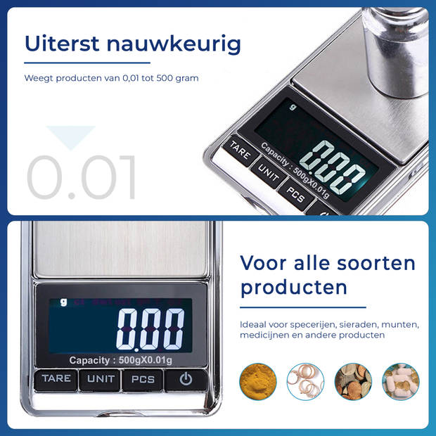 Precisie Weegschaal Keuken Digitaal - Keukenweegschaal - 0,01 tot 500 Gram - Incl. batterij!