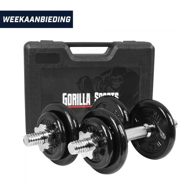 Gorilla Sports Dumbellset - Halterset - Gietijzer - 20 kg In koffer - Dumbbells