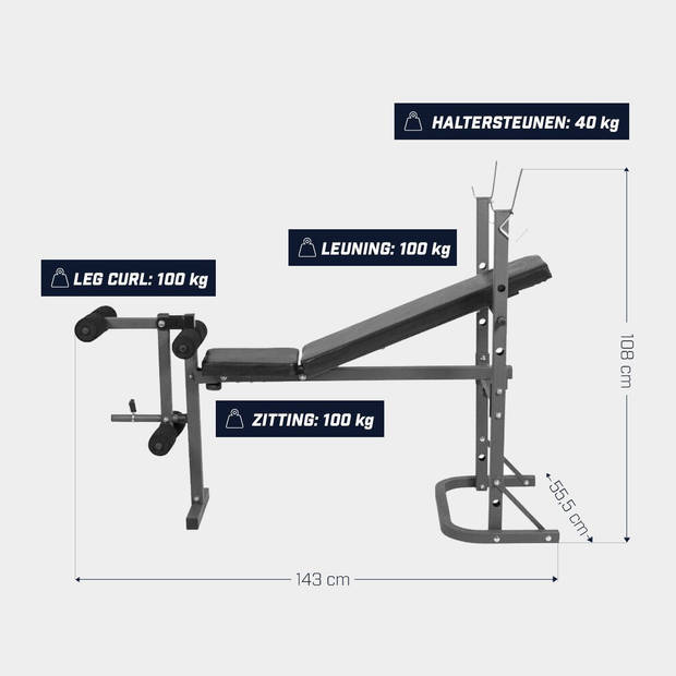 Gyronetics Halterbank - Fitnessbank - Met Leg Curl - Belastbaar tot 160 kg - Opklapbaar