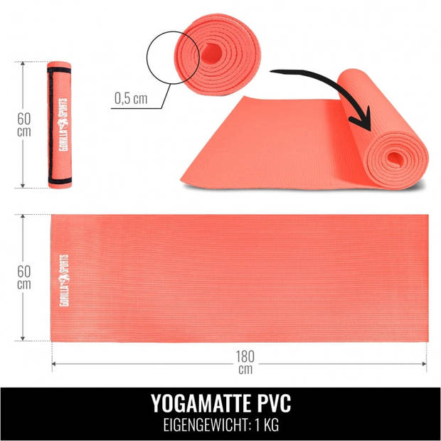 Gorilla Sports Yogamat - Fitnessmat - PVC - 180 x 60 x 0,5 Koraal Rood