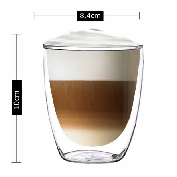 Luxe Dubbelwandige Theeglazen - Cappuccino Glazen - Koffieglas dubbelwandig - met lepel - 300 ML - Set Van 4