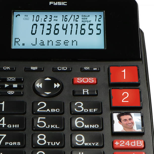 Vaste telefoon met antwoordapparaat en draadloze SOS panieknop Fysic Rood-Zwart