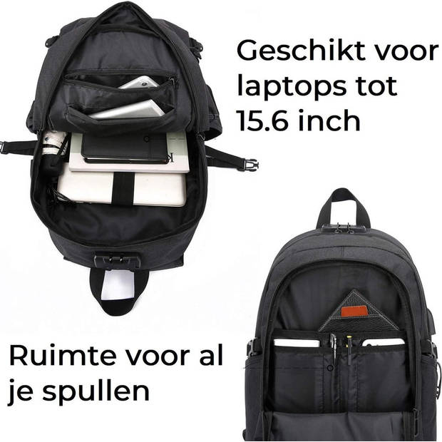 Anti Diefstal Waterdichte Rugzak Inclusief Usb Oplaadstation - Laptop tas 14 t/m 15,6 inch - voor dames en heren- Zwart