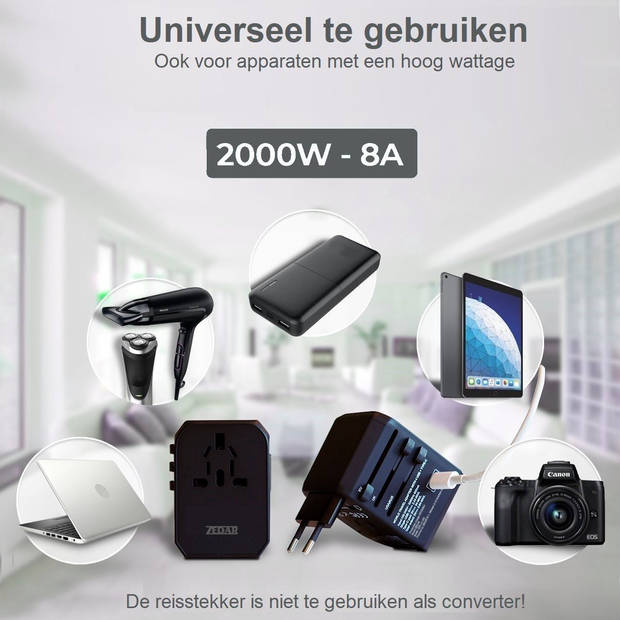 Universele Wereldstekker met USB-C en 4 USB Poorten - 2000 Watt Internationale Reisstekker voor 150+ landen