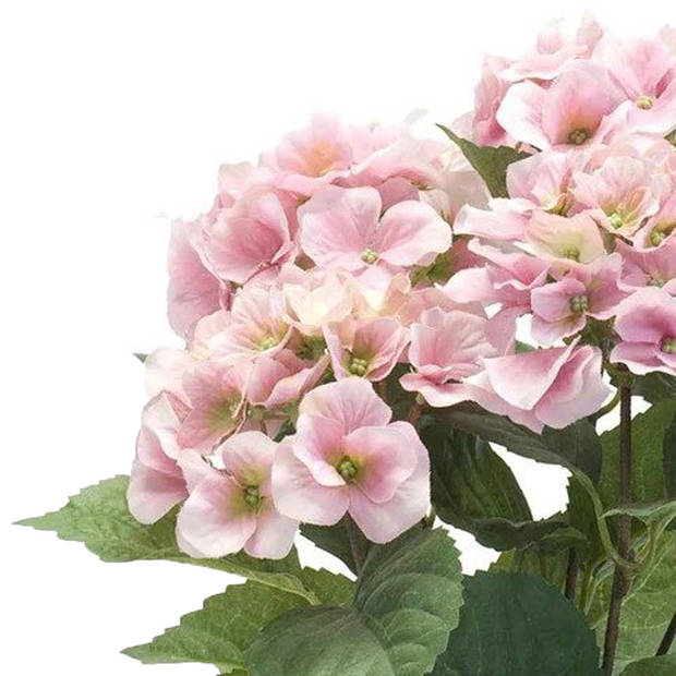 Hortensia kunstplant/kunstbloemen 40 cm - roze - in pot wit glans - Kunstplanten