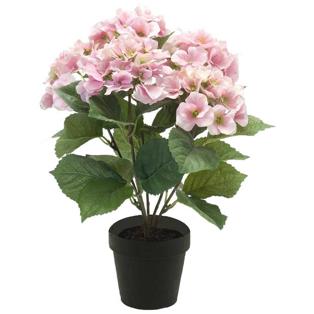 Hortensia kunstplant/kunstbloemen 40 cm - roze - in pot metallic grijs - Kunstplanten