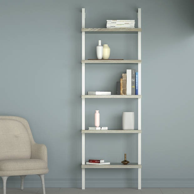 Wandrek ladder boekenkast Stoer - industrieel metaal hout - 184 cm hoog - wit
