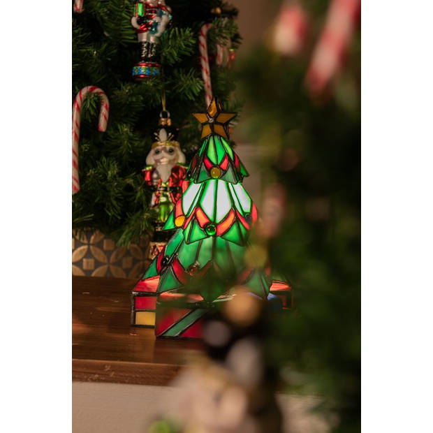 LumiLamp Tiffany Tafellamp Kerstboom 17x17x23 cm Groen Glas Tiffany Bureaulamp Groen Tiffany Bureaulamp