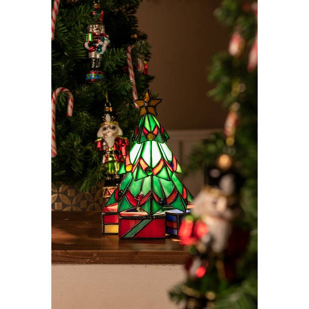 LumiLamp Tiffany Tafellamp Kerstboom 17x17x23 cm Groen Glas Tiffany Bureaulamp Groen Tiffany Bureaulamp