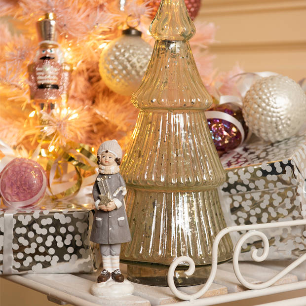 Clayre & Eef Beeld Kerstboom 30 cm Beige Glas Kerstdecoratie Beige Kerstdecoratie