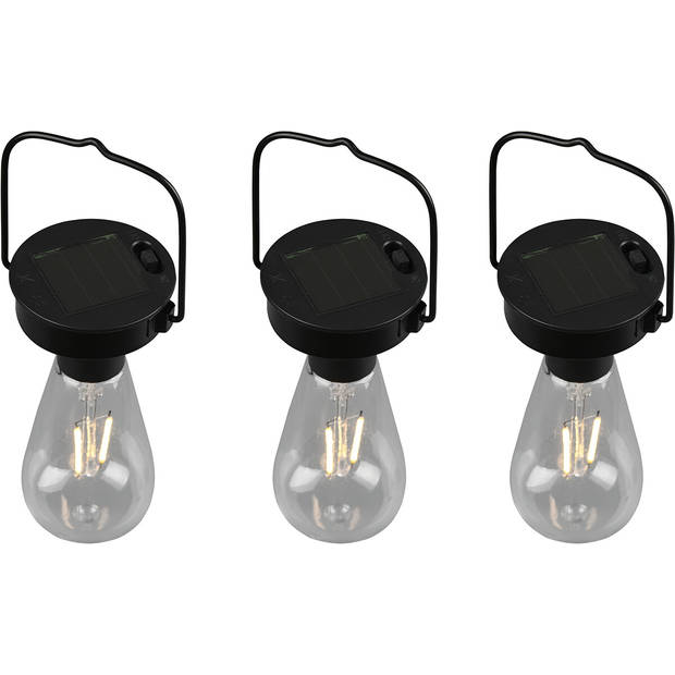 LED Hanglamp met Zonne-energie 3 Pack - Trion Camira - Dag en Nacht Sensor - Spatwaterdicht IP44 - Rond - Mat Zwart -
