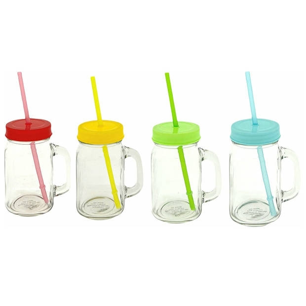 Drinkglas Met Rietje En Deksel - Pul - Mason Jar– 400 ml – 4 Stuks