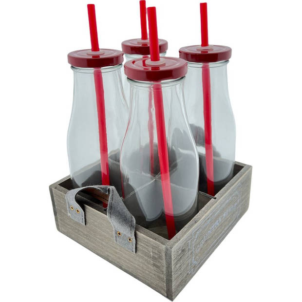 Drinkfles - Melkfles - Met Rietje - 4 Stuks in Houten Bakje - 420Ml