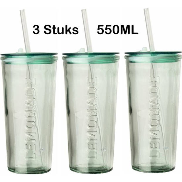 Drinkglas Met Rietje en deksel – 550ml – 3 Stuks