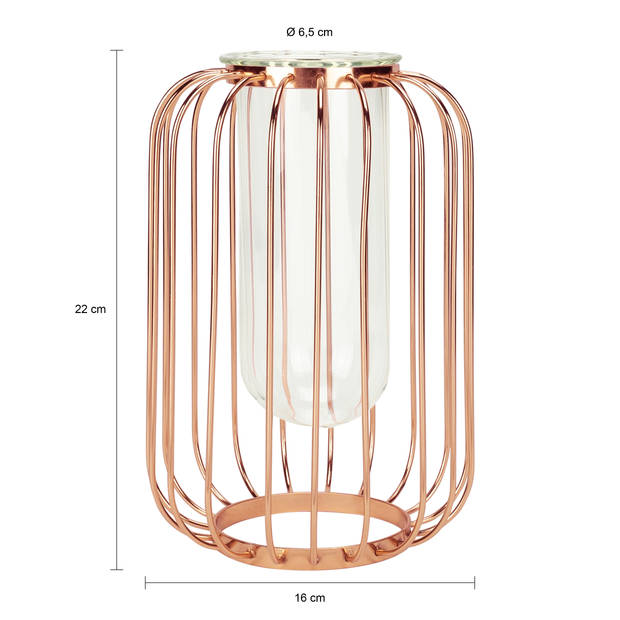 QUVIO Vaas met spijlen - 22,5 cm - Metaal & glas - Rosegoud