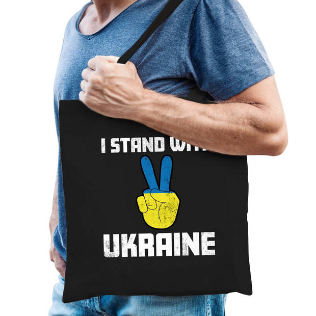 Bellatio Decorations tas - I stand with Ukraine - peace teken - zwart - protest - Oekraiense vlag - Feest Boodschappenta