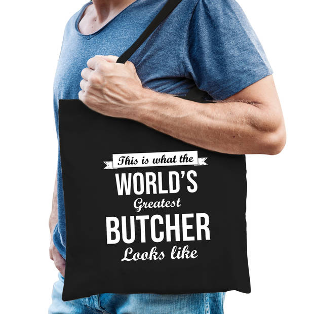 Worlds greatest butcher tas zwart volwassenen - werelds beste slager cadeau tas - Feest Boodschappentassen