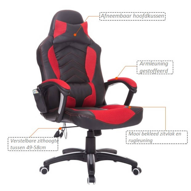 Ergonomische Bureaustoel - Gamestoel - Gamechair - Massage functie - Warmtefunctie - Kunstleer - Zwart/Rood