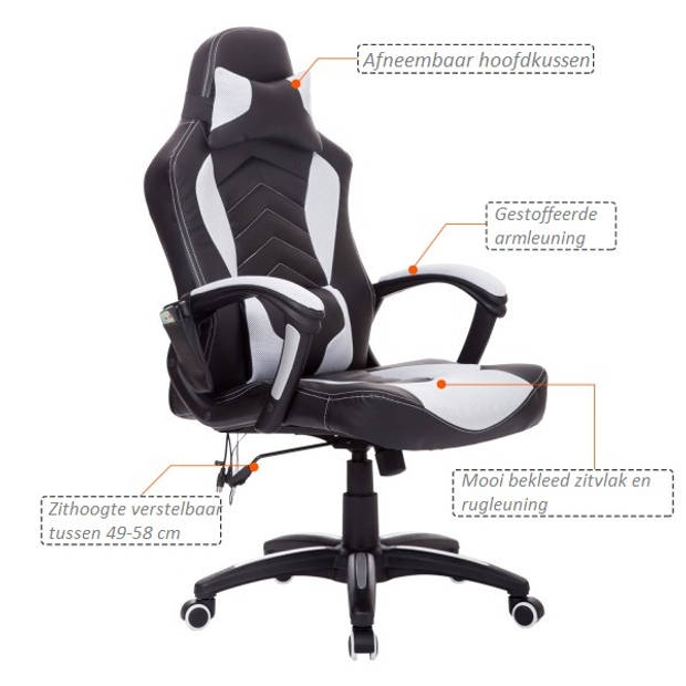 Ergonomische Bureaustoel - Gamestoel - Gamechair - Massage functie - Warmtefunctie - Kunstleer - Zwart/Wit