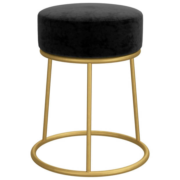 The Living Store Hocker Ronde Poef - Fluweel - 30x38 cm - Zwart/Goud