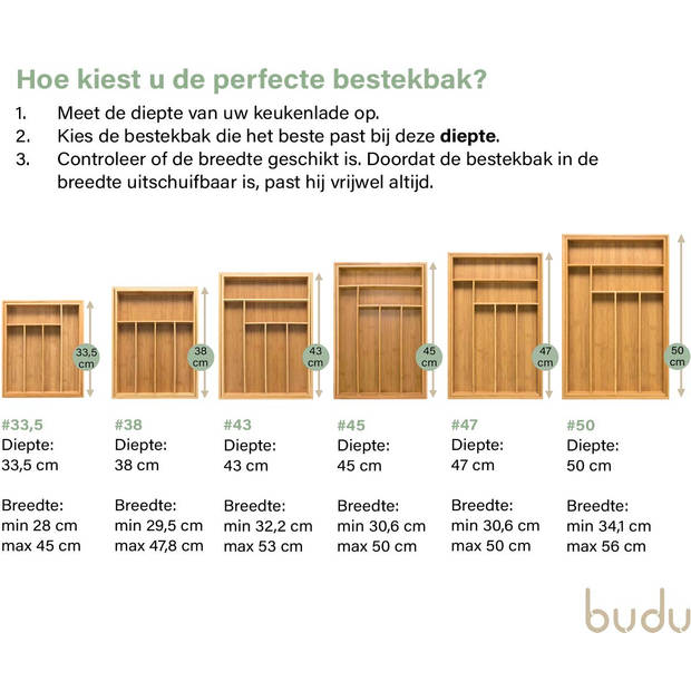 Budu Uitschuifbare Bamboe Bestekbak #43 (43 cm diep) - Bestekcassette Hout - Besteklade - 43 x 32,2 - 53 cm - 6/8 vakken