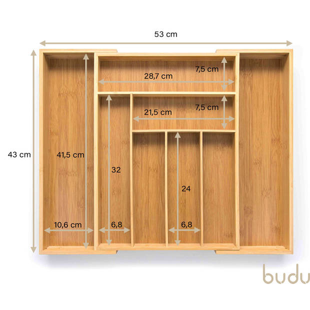 Budu Uitschuifbare Bamboe Bestekbak #43 (43 cm diep) - Bestekcassette Hout - Besteklade - 43 x 32,2 - 53 cm - 6/8 vakken