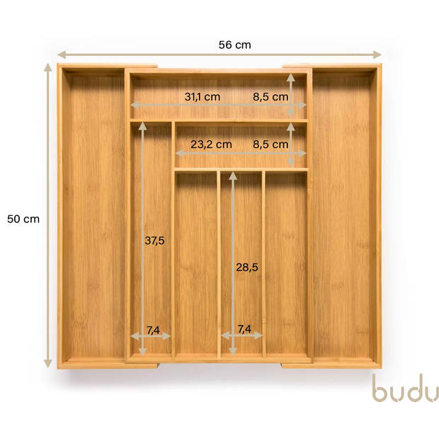 Budu Uitschuifbare Bamboe Bestekbak #50 (50 cm diep) - Bestekcassette Hout - Besteklade - 50 x 34,1 - 56 cm - 6/8 vakken