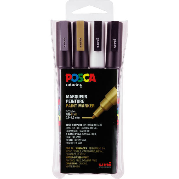 uni Posca PC-3M acryl paint marker, 0.9-1.3mm, doos à 4 stuks, inhoud: zwart, wit, zilver, goud