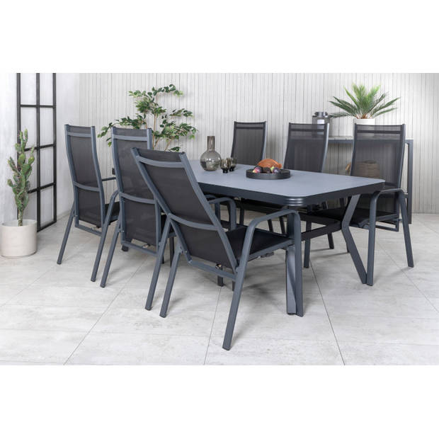 Virya tuinmeubelset tafel 100x200cm en 6 stoel Copacabana zwart, grijs.