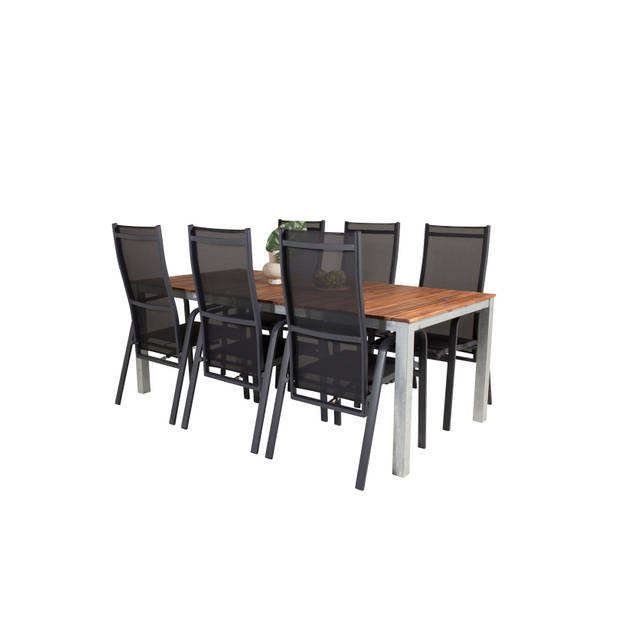 Zenia tuinmeubelset tafel 100x200cm en 6 stoel Copacabana zwart, naturel, zilver.