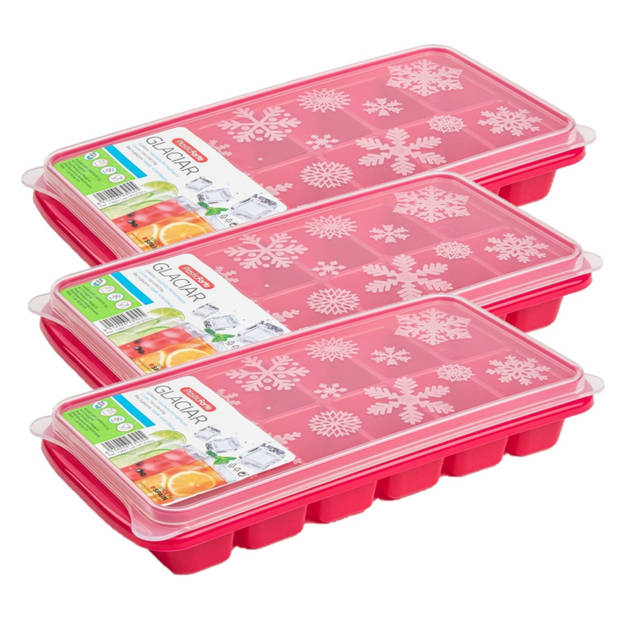 3x stuks Trays met ijsblokjes/ijsklontjes vormpjes 12 vakjes kunststof roze met deksel - IJsblokjesvormen
