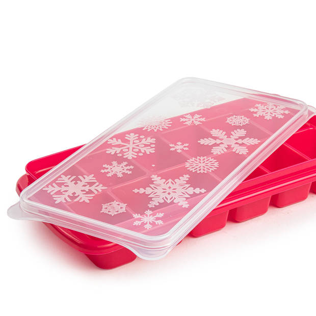 Tray met ijsblokjes/ijsklontjes vormpjes 12 vakjes kunststof roze met deksel - IJsblokjesvormen