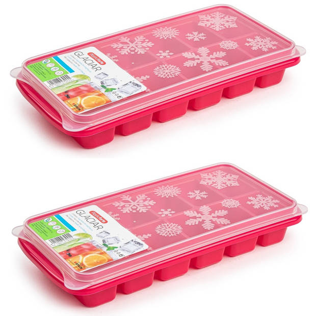 2x stuks Trays met ijsblokjes/ijsklontjes vormpjes 12 vakjes kunststof roze met deksel - IJsblokjesvormen