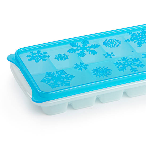 Tray met ijsblokjes/ijsklontjes vormpjes 12 vakjes kunststof wit met blauwe deksel - IJsblokjesvormen