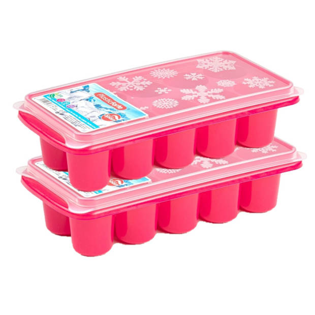 2x stuks Trays met dikke ronde blokken ijsblokjes/ijsklontjes vormpjes 10 vakjes kunststof roze - IJsblokjesvormen