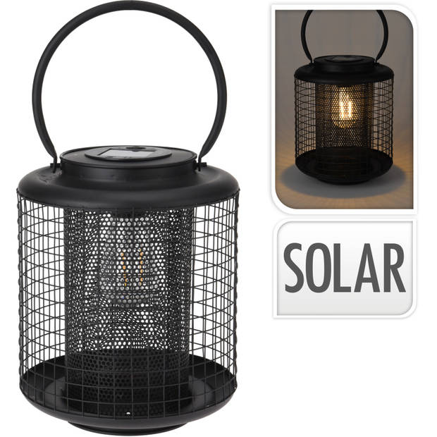 Excellent houseware Lantaarn - solar - LED - rond - zwart - 22 cm - Lantaarns