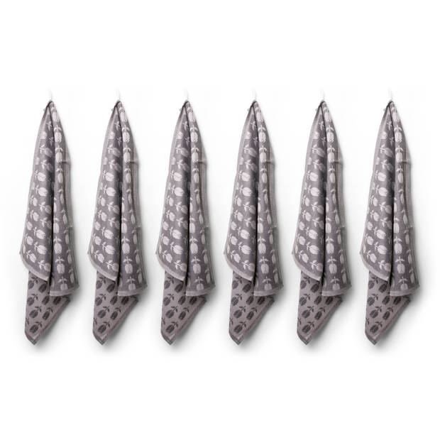 Luxe theedoeken - 6 stuks - 60x65 - patroon tulp - grijs