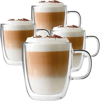 Luxe Latte Macchiato Glazen Dubbelwandig - Koffieglazen met oor - Cappuccinoglazen - Theeglas 350 ML - Set Van 4